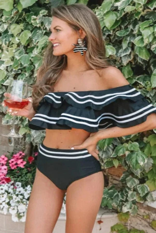 Bikini Bandeau Taille Haute à Volants