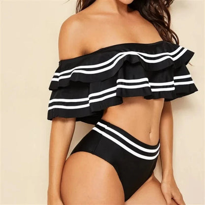 Bikini Bandeau Taille Haute à Volants