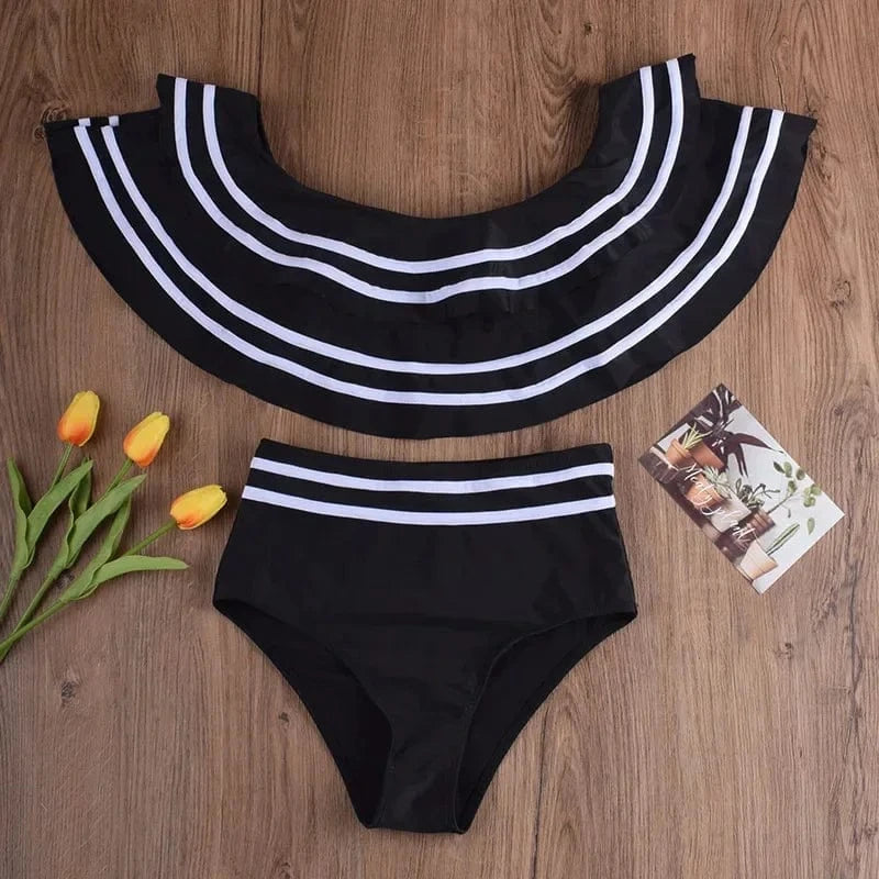 Bikini Bandeau Taille Haute à Volants
