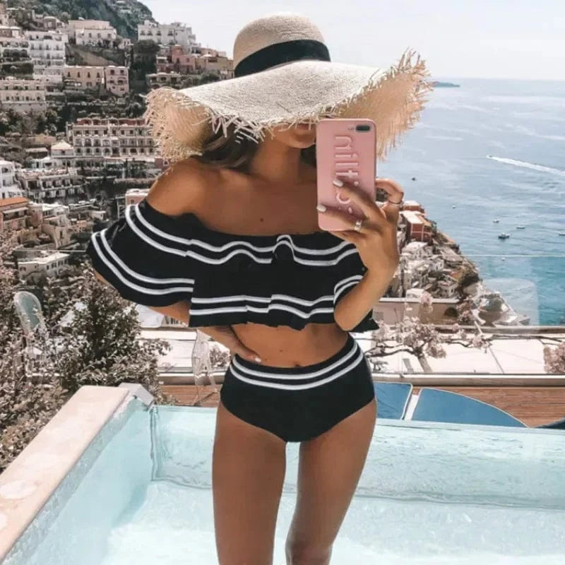 Bikini Bandeau Taille Haute à Volants