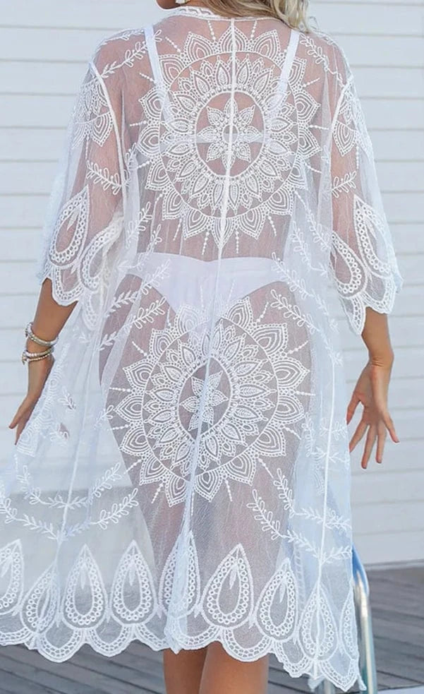 Kimono Transparent Manches Longues en Dentelle