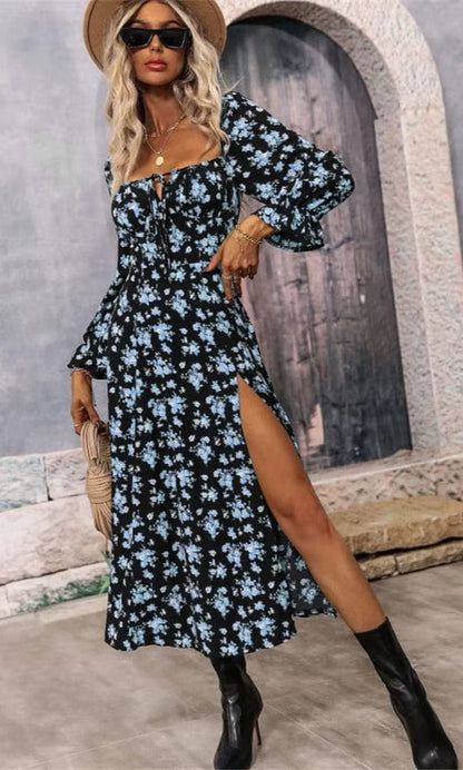 Robe d'Été Élégante à Manches Longues Fleurie