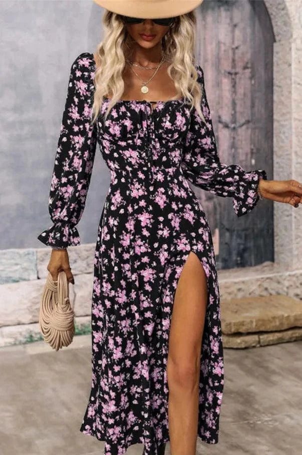 Robe d'Été Élégante à Manches Longues Fleurie