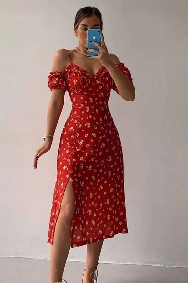 Robe Trapèze d'Été à Fente et Bretelles Froncées