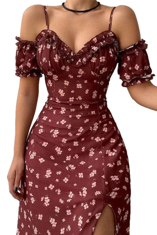 Robe Trapèze d'Été à Fente et Bretelles Froncées