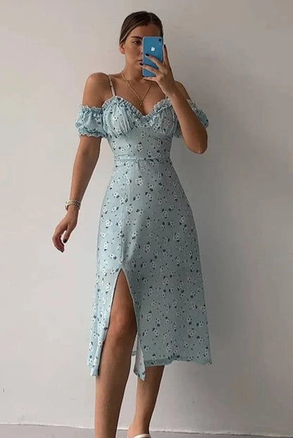 Robe Trapèze d'Été à Fente et Bretelles Froncées