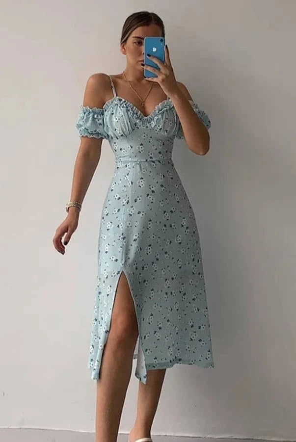 Robe Trapèze d'Été à Fente et Bretelles Froncées