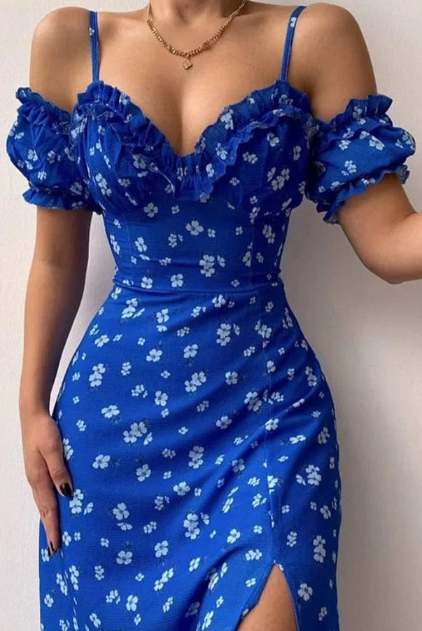 Robe Trapèze d'Été à Fente et Bretelles Froncées