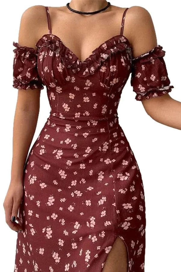 Robe Trapèze d'Été à Fente et Bretelles Froncées