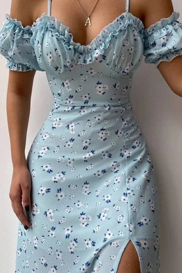 Robe Trapèze d'Été à Fente et Bretelles Froncées