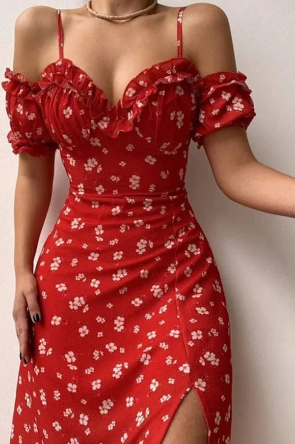 Robe Trapèze d'Été à Fente et Bretelles Froncées