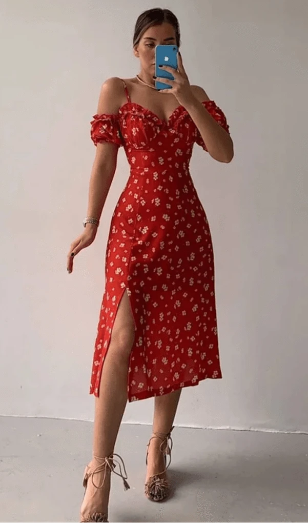 Robe Trapèze d'Été à Fente et Bretelles Froncées